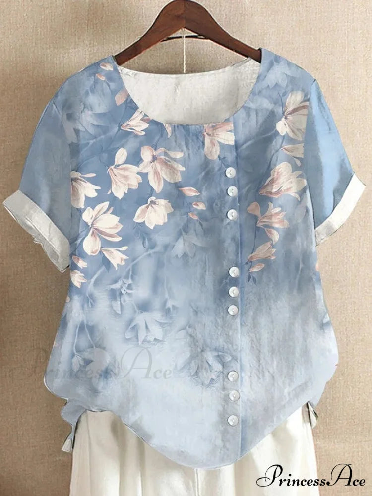 Blouse Casual for Fashion Loose Patterned Short-sleeved Retro Blouse Summer Flower 1 / S