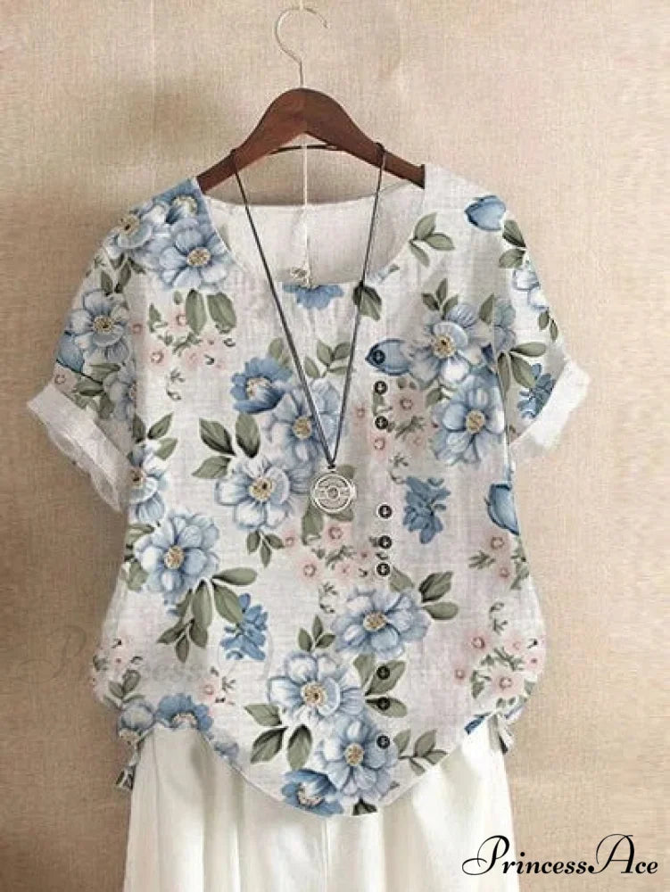 Blouse Casual for Fashion Loose Patterned Short-sleeved Retro Blouse Summer Flower 2 / S