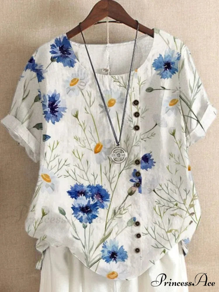 Blouse Casual for Fashion Loose Patterned Short-sleeved Retro Blouse Summer Flower 3 / S