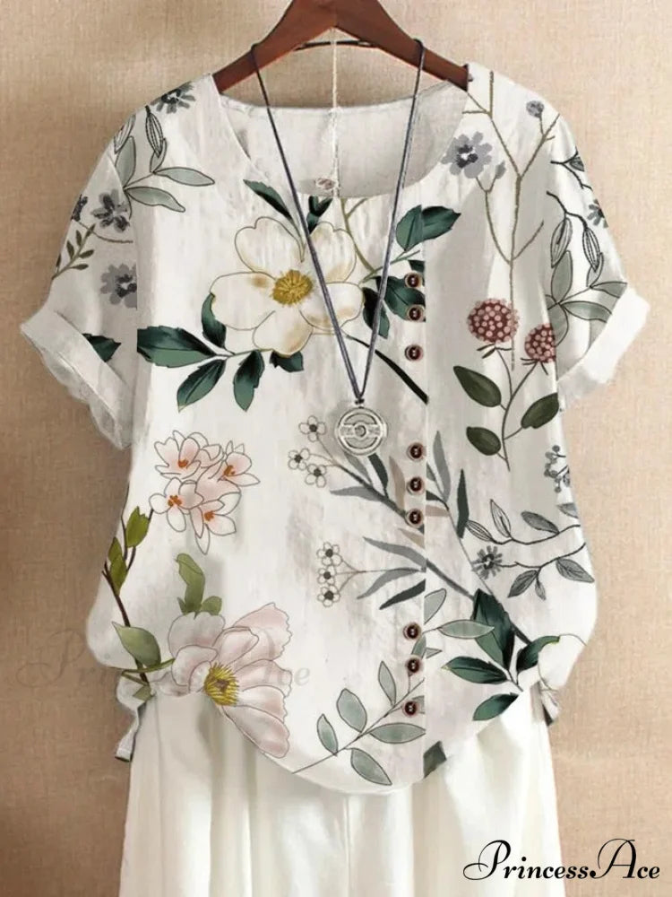 Blouse Casual for Fashion Loose Patterned Short-sleeved Retro Blouse Summer Flower 5 / S