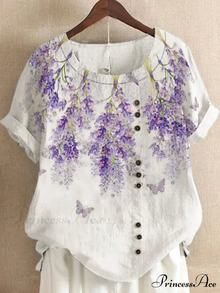 Blouse Casual for Fashion Loose Patterned Short-sleeved Retro Blouse Summer Lavender 6 / S