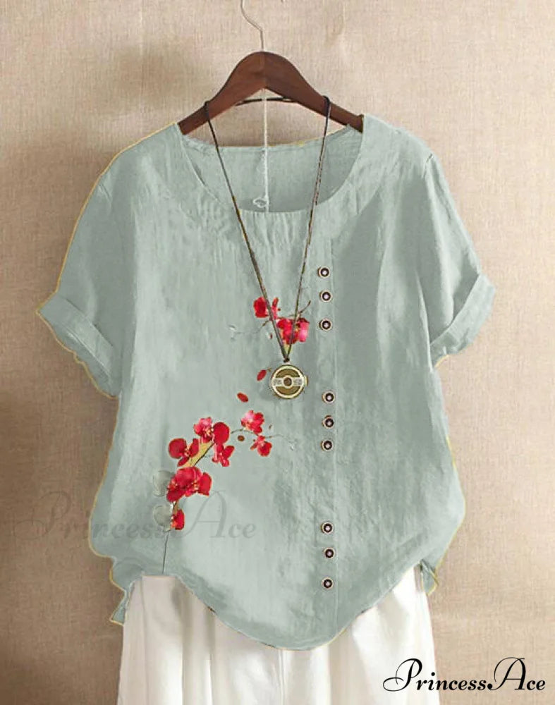 Blouse Casual for Fashion Loose Patterned Short-sleeved Retro Blouse Summer Light Blue / S