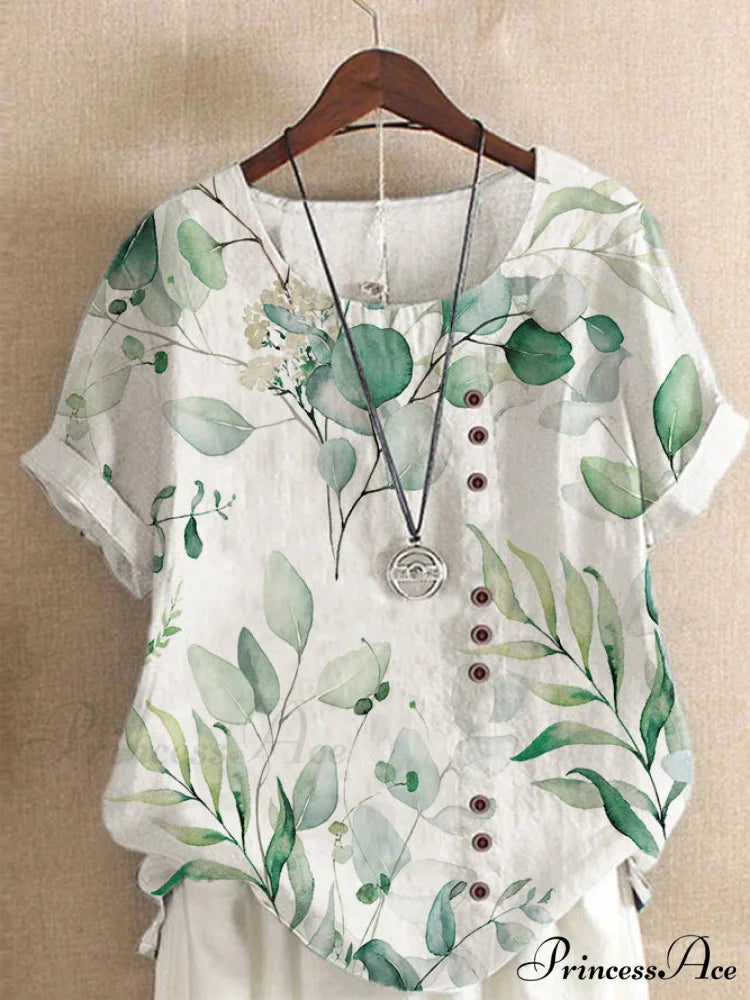 Blouse Casual for Fashion Loose Patterned Short-sleeved Retro Blouse Summer Money Leaves 10 / S