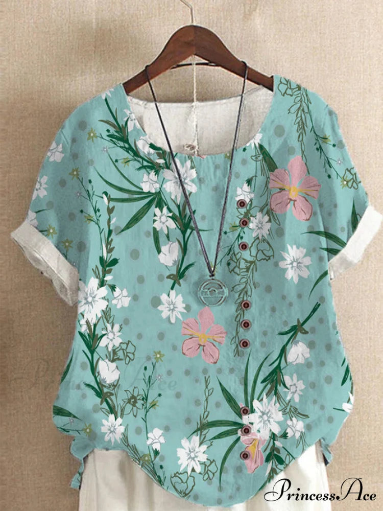 Blouse Casual for Fashion Loose Patterned Short-sleeved Retro Blouse Summer Patterns of Blue Flowers and Grass 7 / S