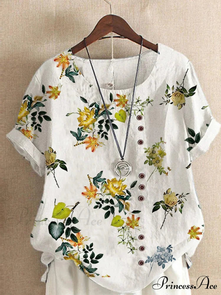 Blouse Casual for Fashion Loose Patterned Short-sleeved Retro Blouse Summer Yellow Flower 8 / S