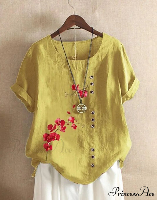 Blouse Casual for Fashion Loose Patterned Short-sleeved Retro Blouse Summer Yellow / S