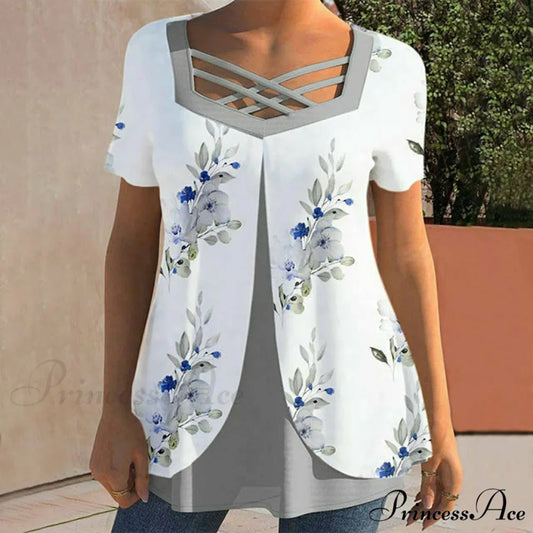 Blouse Design Double with Flowered Layer White / S