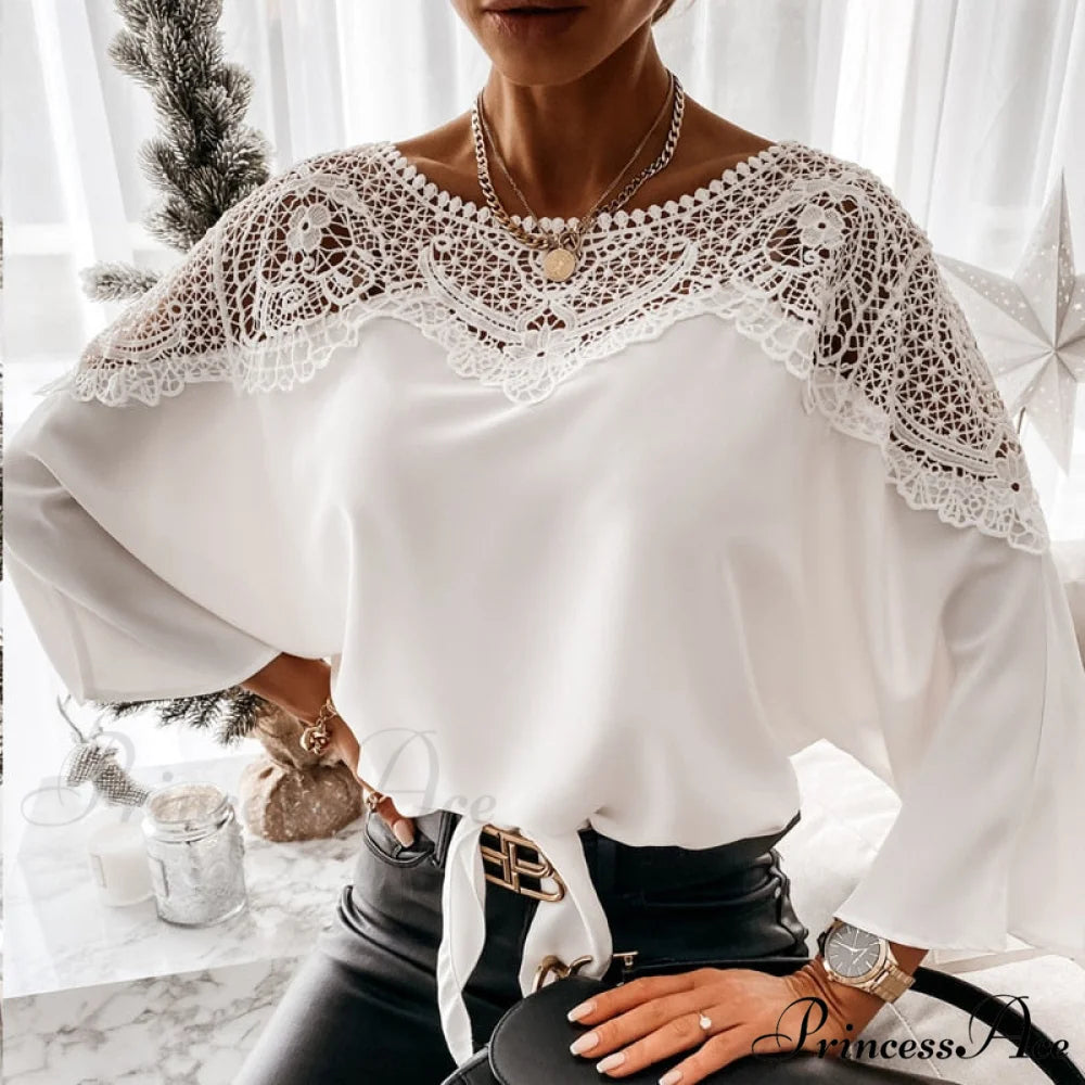 Blouse Embroidery Vintage Lace Elegant Top Women Blouse Crochet Autumn White Blusa Ladies 12459 White / S