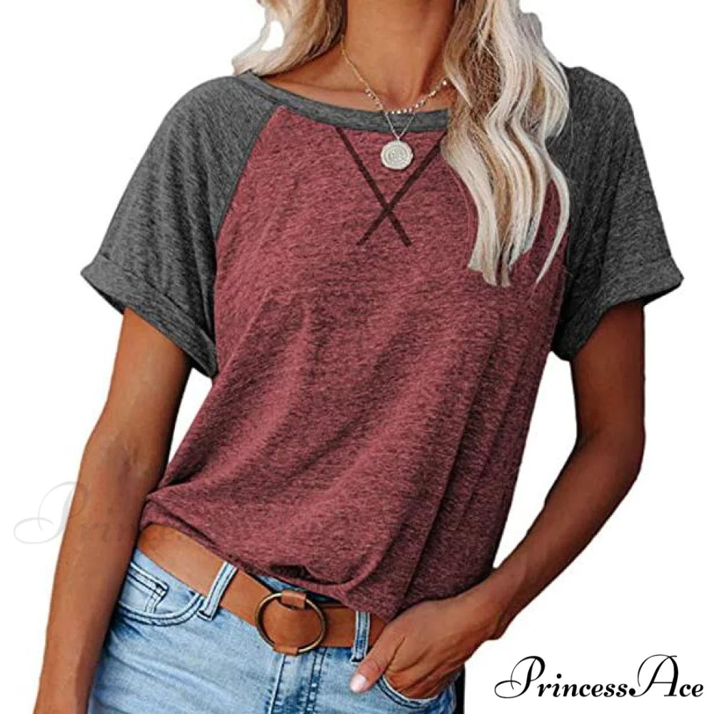 Blouse for Crewneck Brief Raglan Arm T Women Wine/Gray / S