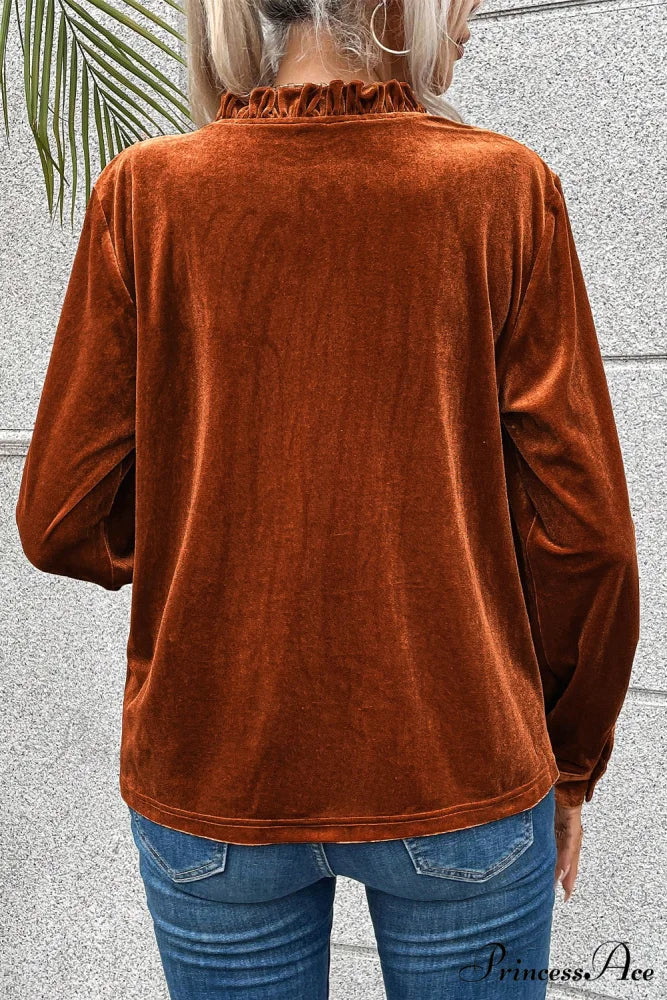 Blouse Frilled Flame Gold Velvet with Collar