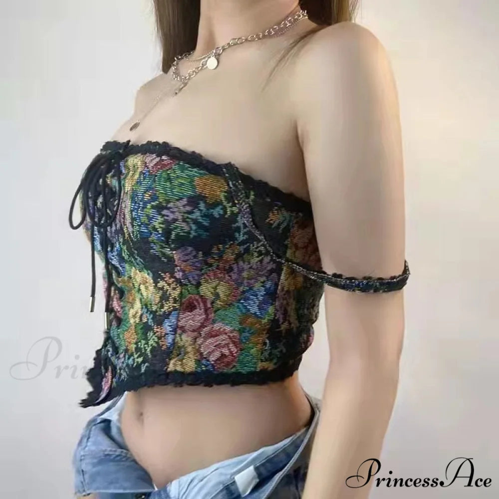 Blouse High Flowered Street Halter Vintage Top Design Women Designer for - Party Corset - Clubwear Style2 Black / S