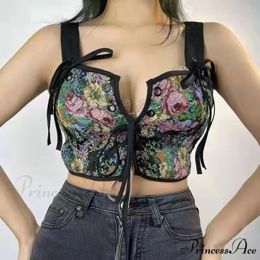 Blouse High Flowered Street Halter Vintage Top Design Women Designer for - Party Corset - Clubwear Style3 Black / S