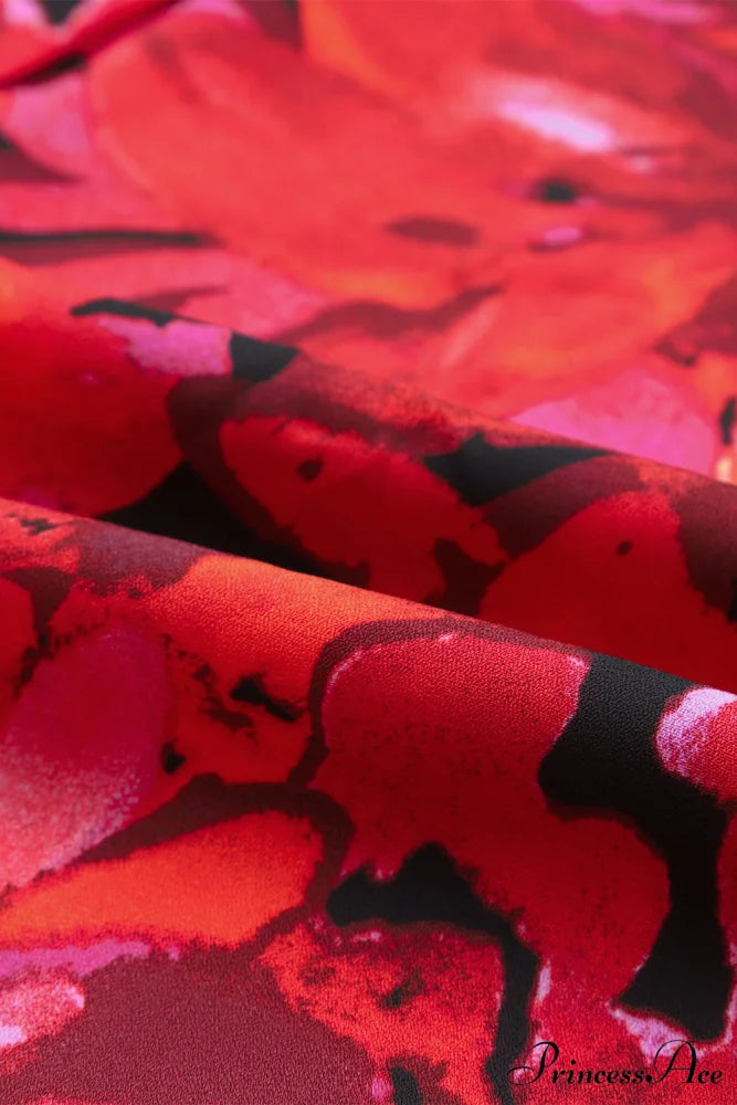 Blouse Lantern Arm Flowered Design in Red