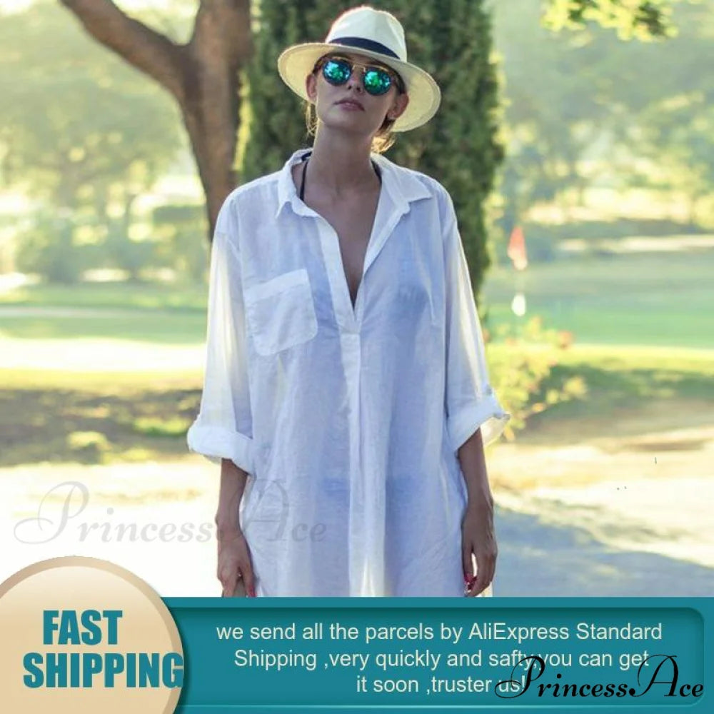 Blouse - Long Cotton Arm Kimono Woman’s Coastal Blouse White Casual Cover Up