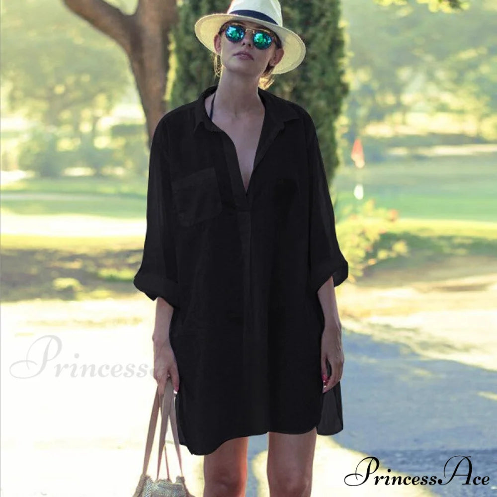 Blouse - Long Cotton Arm Kimono Woman’s Coastal Blouse White Casual Cover Up Black / one size