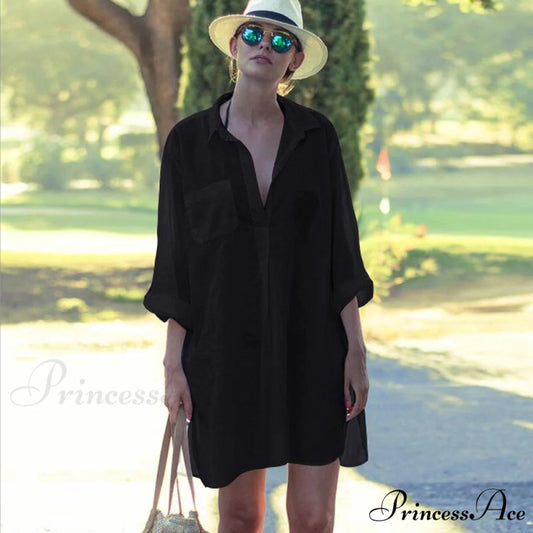 Blouse - Long Cotton Arm Kimono Woman’s Coastal Blouse White Casual Cover Up Black / one size