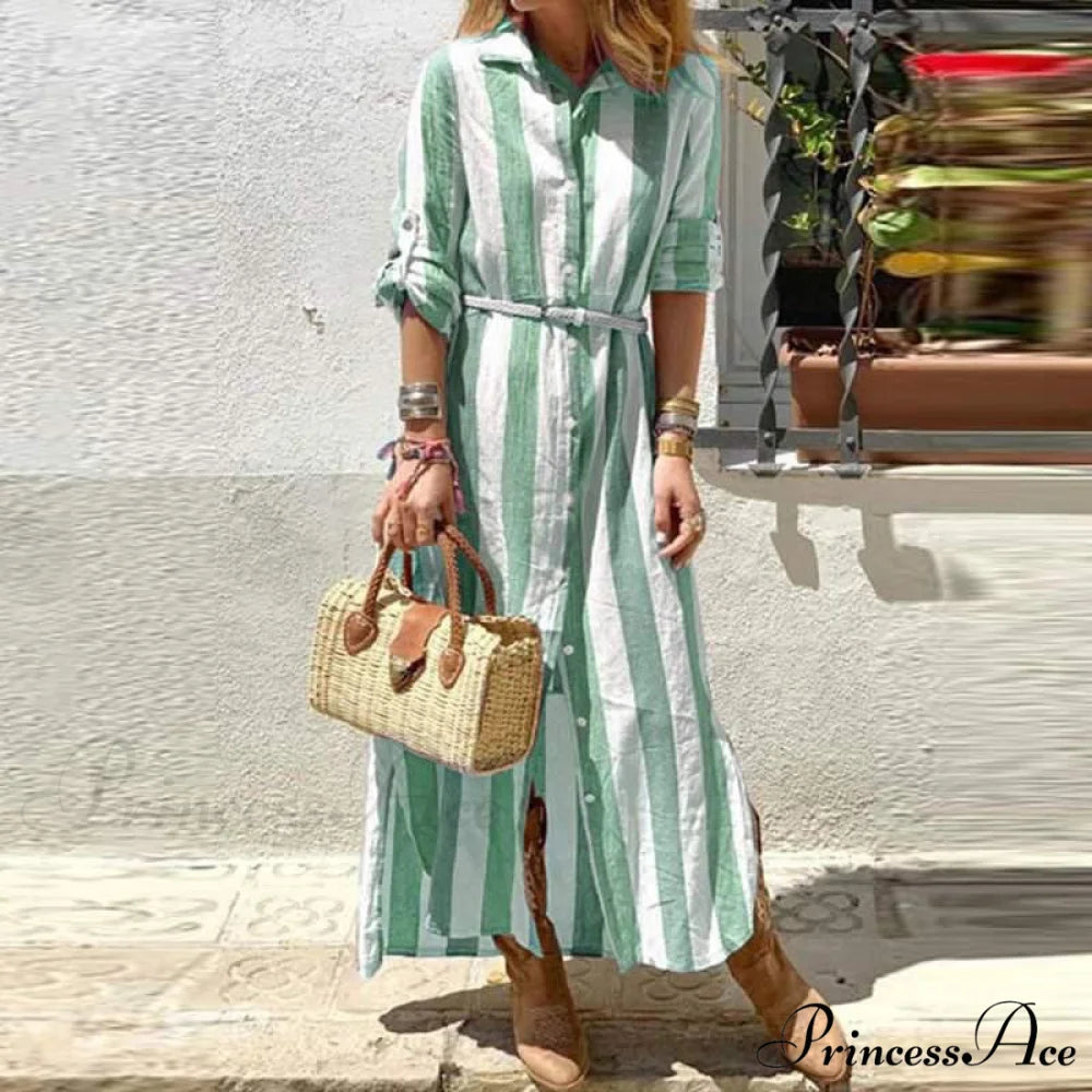 Blouse Long Loose Casual Gown Office Long Gown Autumn Striped Single-Breasted Design Harajuku Lapel Arm - Women Dresses