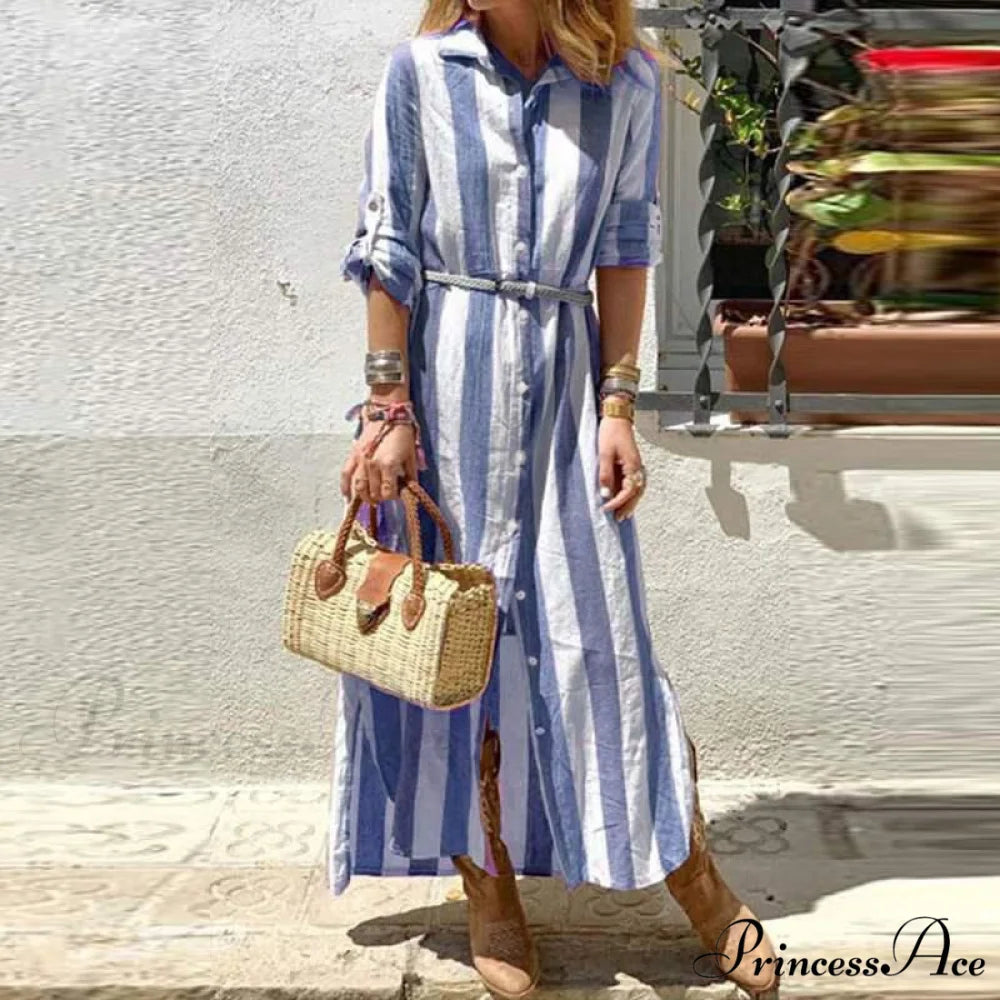Blouse Long Loose Casual Gown Office Long Gown Autumn Striped Single-Breasted Design Harajuku Lapel Arm - Women Dresses