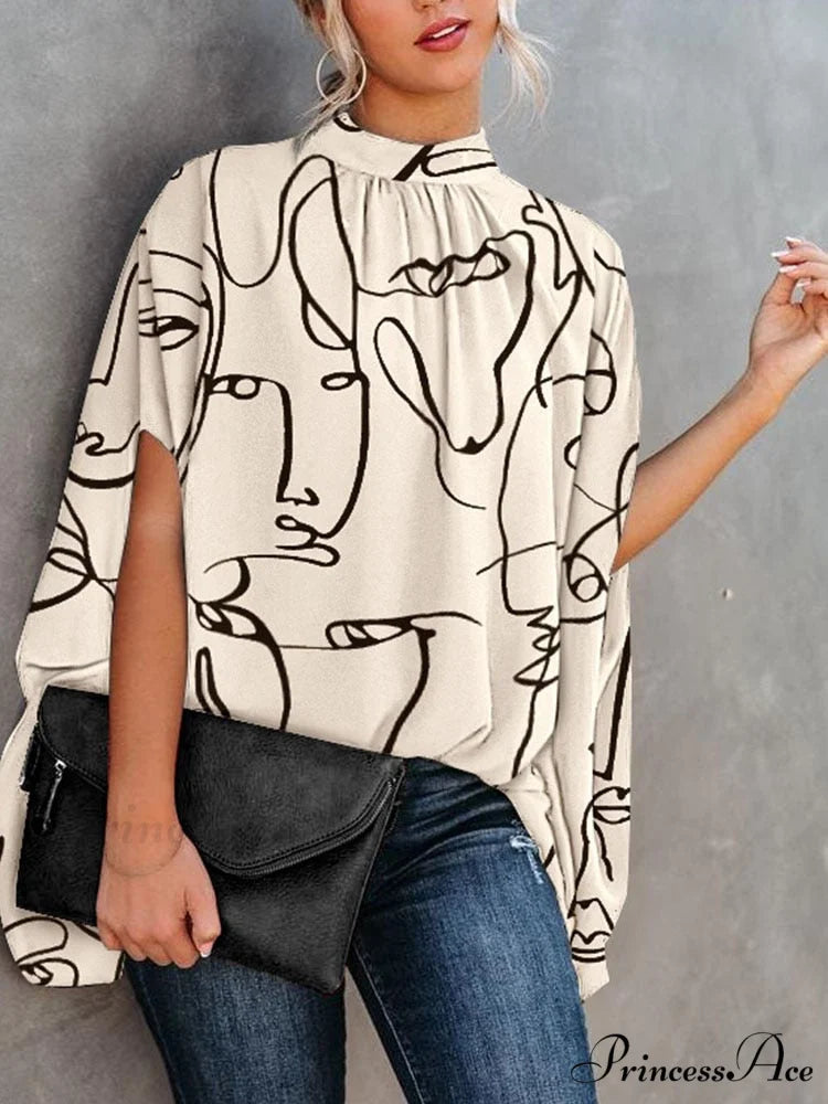 Blouse Loose Blouse Top Femme Arm Casual Design Women Warm-Season Fashion Brief Elegant apricot print / S