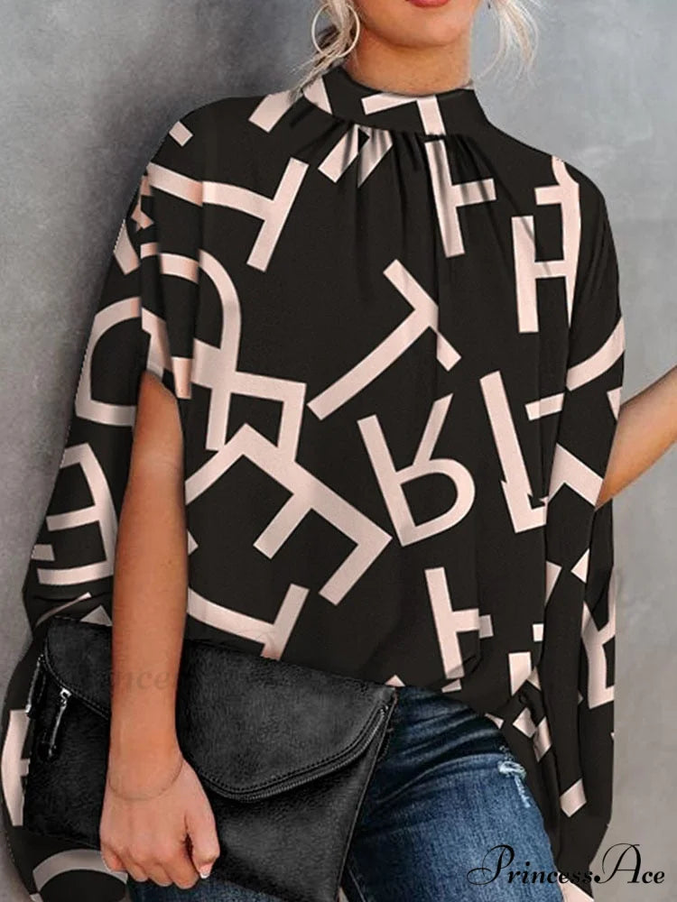 Blouse Loose Blouse Top Femme Arm Casual Design Women Warm-Season Fashion Brief Elegant Black letter / S