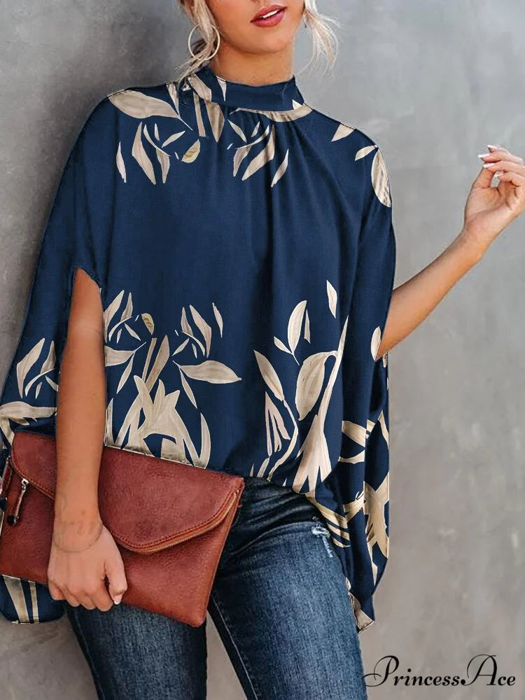 Blouse Loose Blouse Top Femme Arm Casual Design Women Warm-Season Fashion Brief Elegant Deep Blue / S