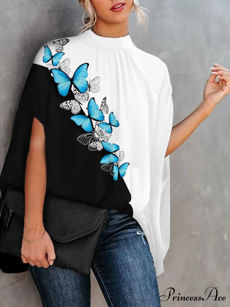 Blouse Loose Blouse Top Femme Arm Casual Design Women Warm-Season Fashion Brief Elegant splicing / S