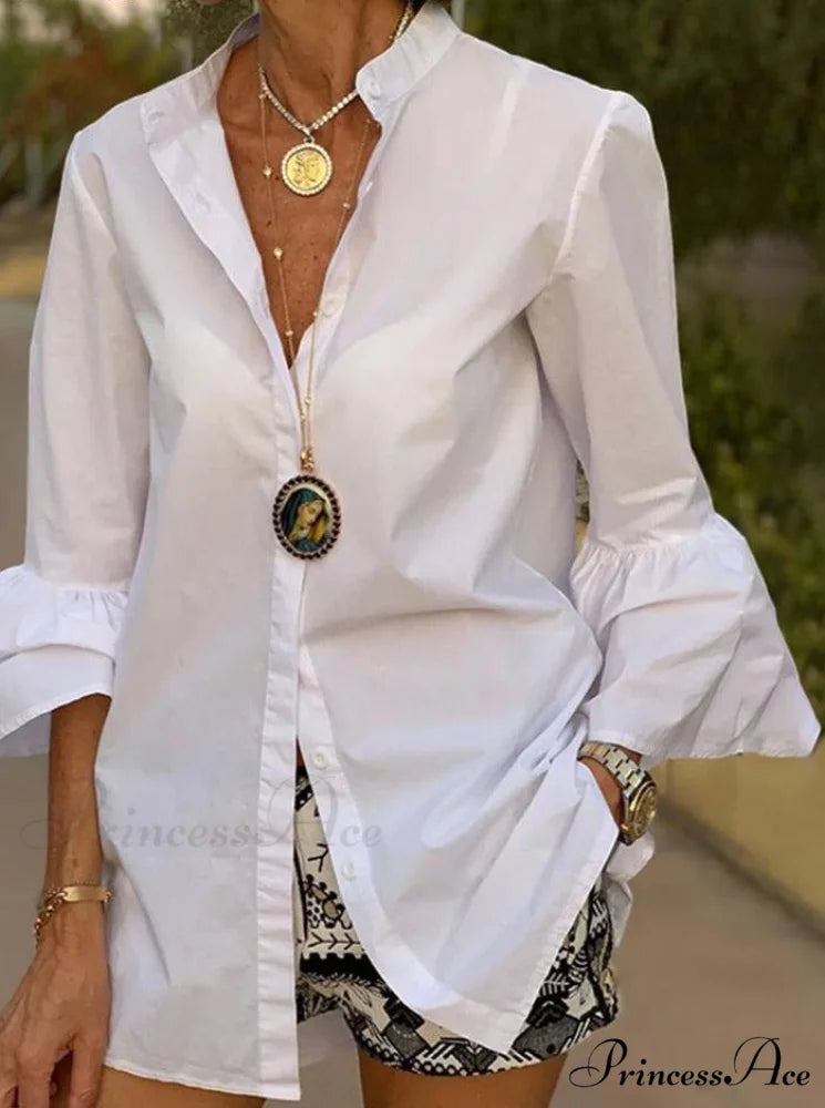 Blouse Office Arm - V Button Women’s Flare Up White Neck Blouse