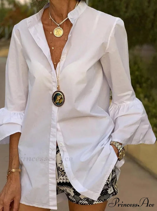 Blouse Office Arm - V Button Women’s Flare Up White Neck Blouse