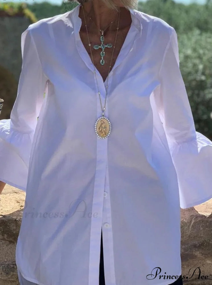 Blouse Office Arm - V Button Women’s Flare Up White Neck Blouse