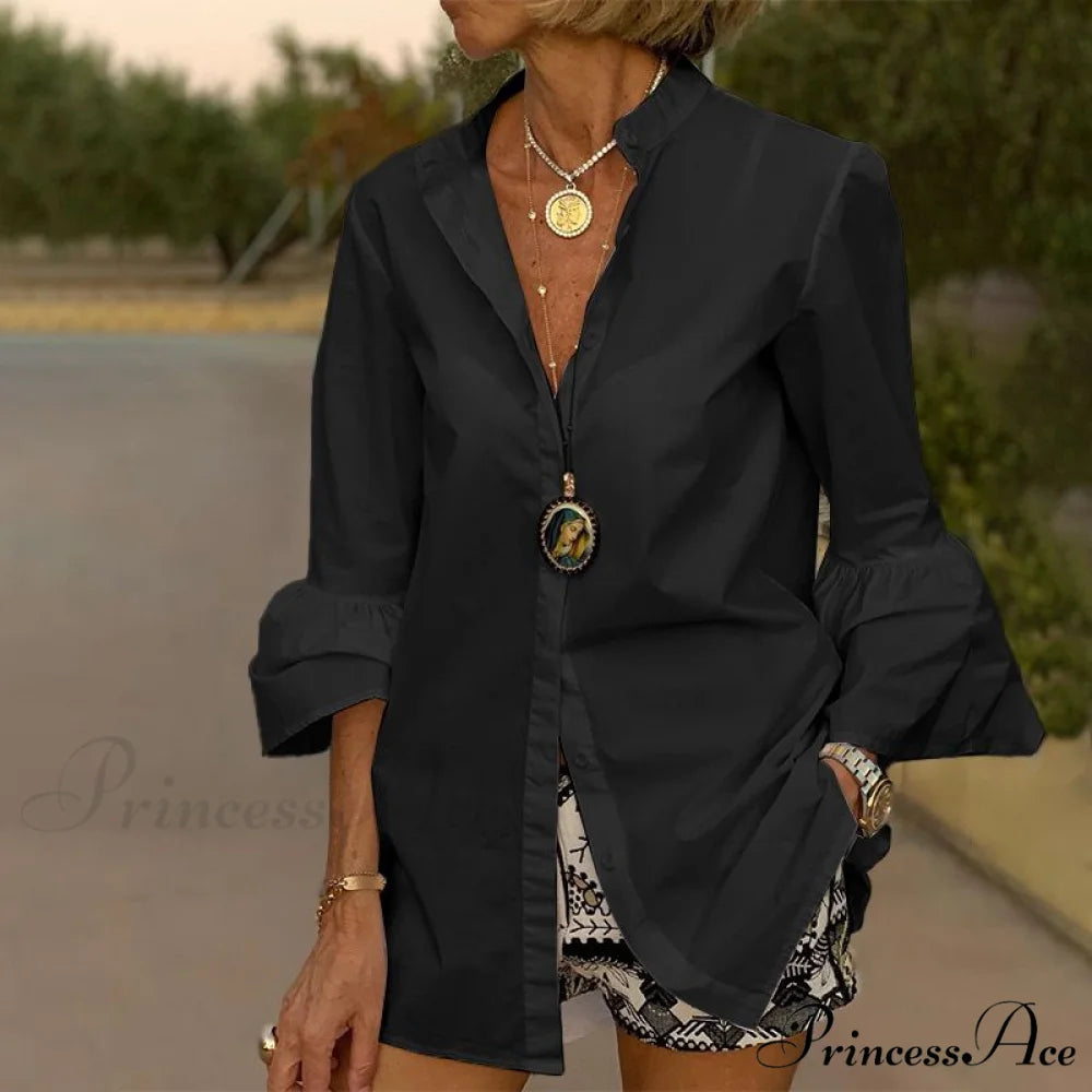 Blouse Office Arm - V Button Women’s Flare Up White Neck Blouse Black / S