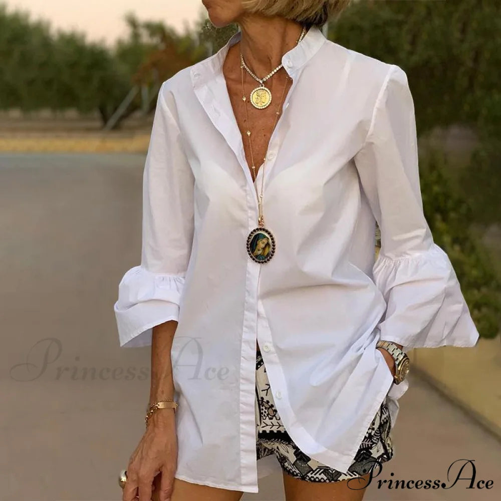 Blouse Office Arm - V Button Women’s Flare Up White Neck Blouse white / S