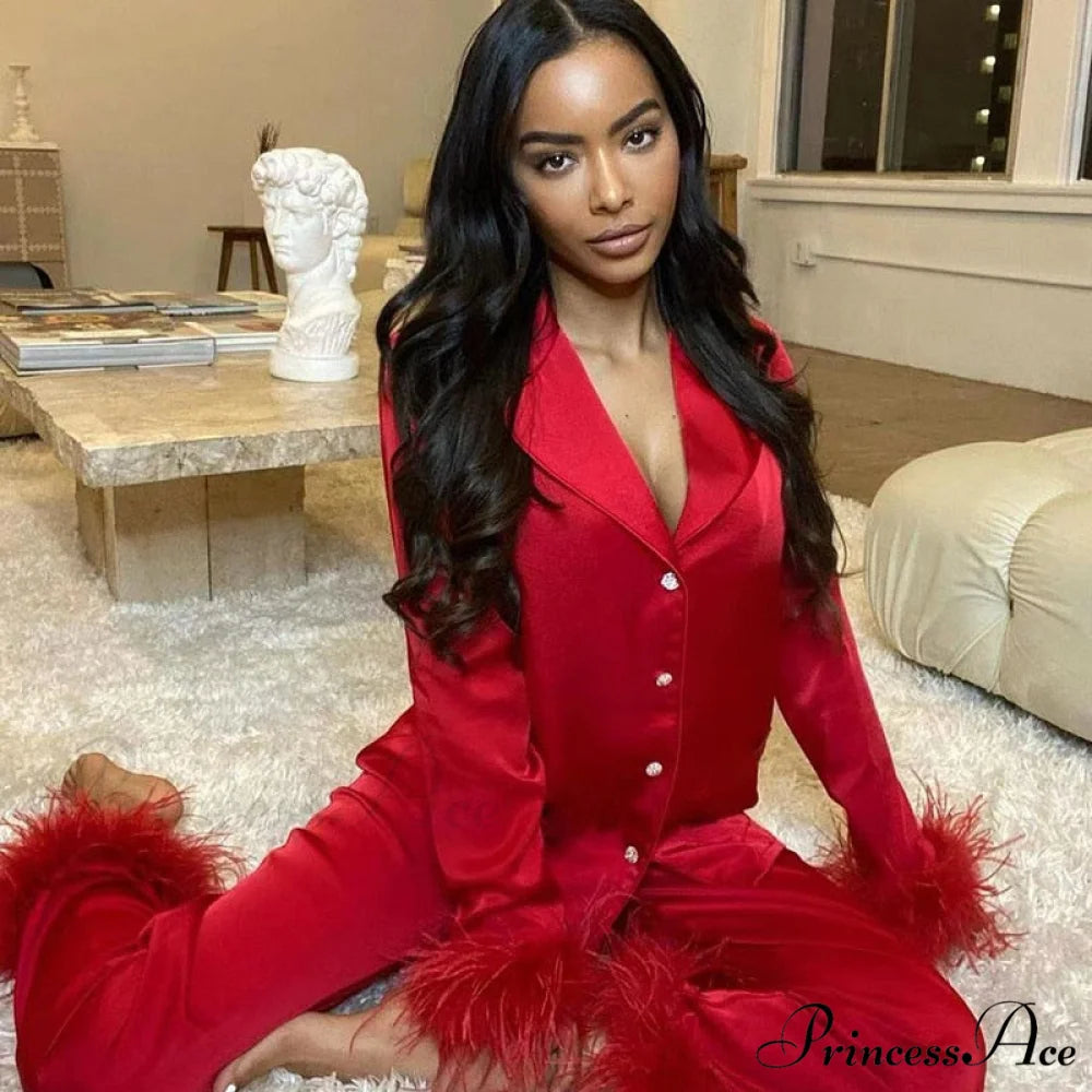 Blouse Pants - Women Casual and Arm Party Tracksuits Long Y2K 2024 Piece Feather Shirts 2 Sexy Elegant Top Set