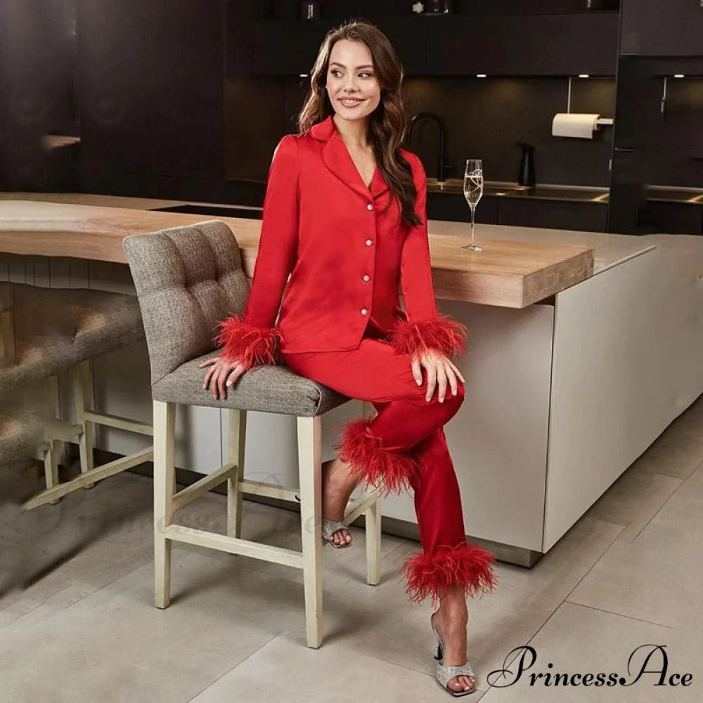 Blouse Pants - Women Casual and Arm Party Tracksuits Long Y2K 2024 Piece Feather Shirts 2 Sexy Elegant Top Set Red / S