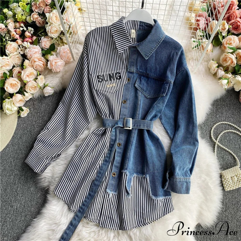 Blouse Patchwork - Plaid Jeans Long Blouse Women’s with Autumn Arm Elegant Design Slim Dress