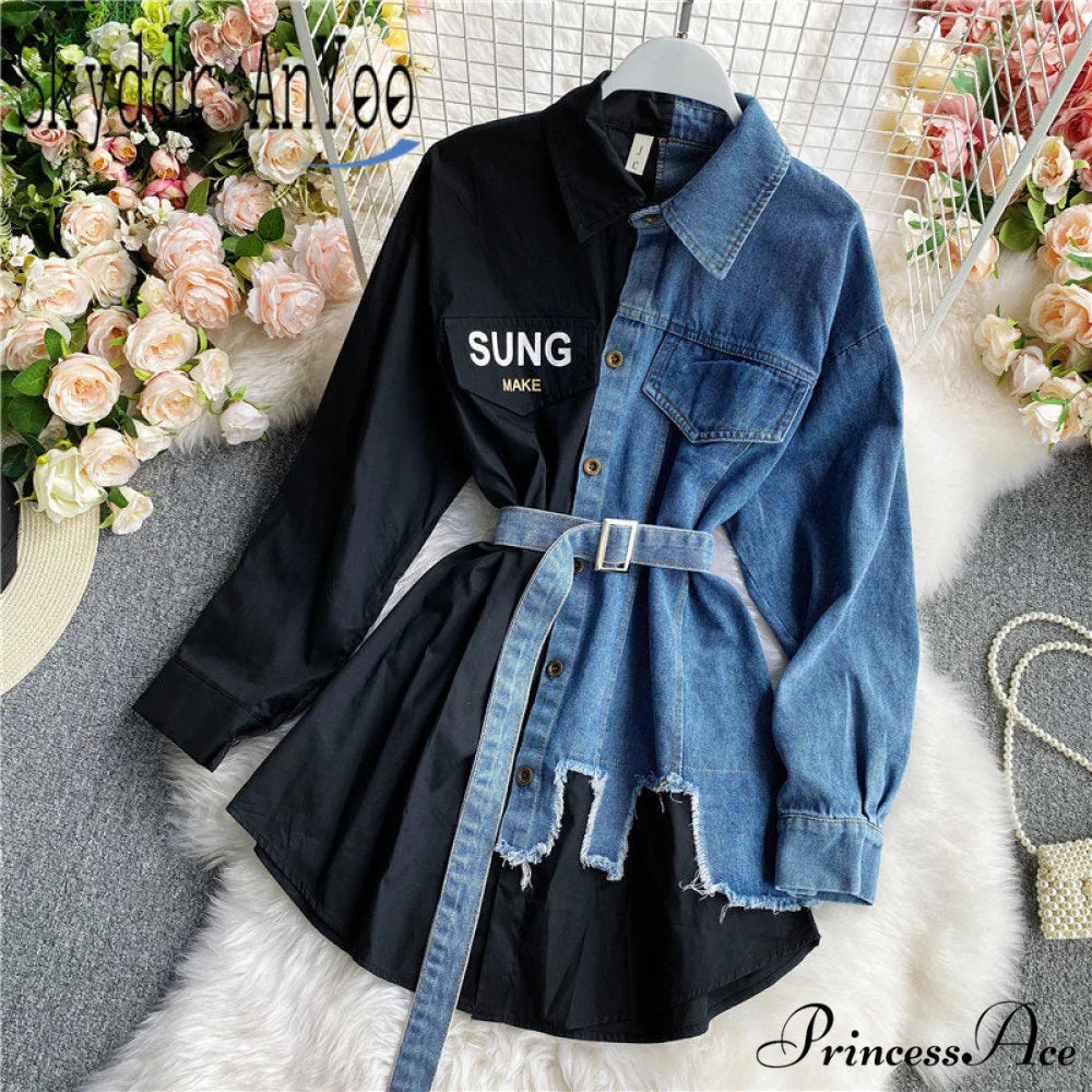 Blouse Patchwork - Plaid Jeans Long Blouse Women’s with Autumn Arm Elegant Design Slim Dress