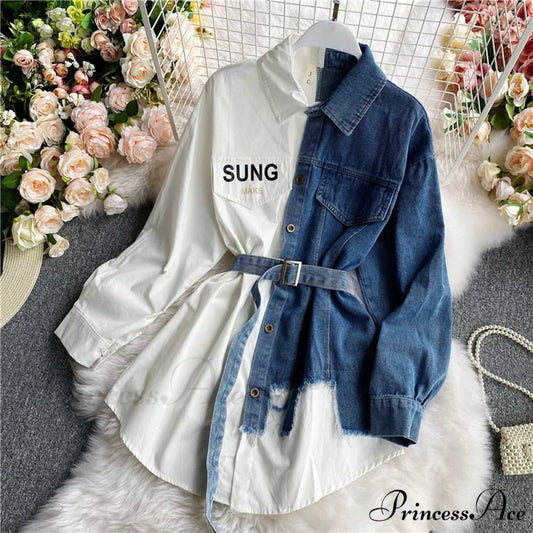 Blouse Patchwork - Plaid Jeans Long Blouse Women’s with Autumn Arm Elegant Design Slim Dress