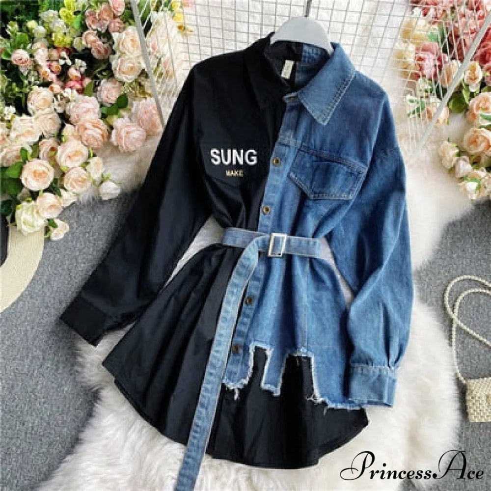 Blouse Patchwork - Plaid Jeans Long Blouse Women’s with Autumn Arm Elegant Design Slim Dress Black / One Size