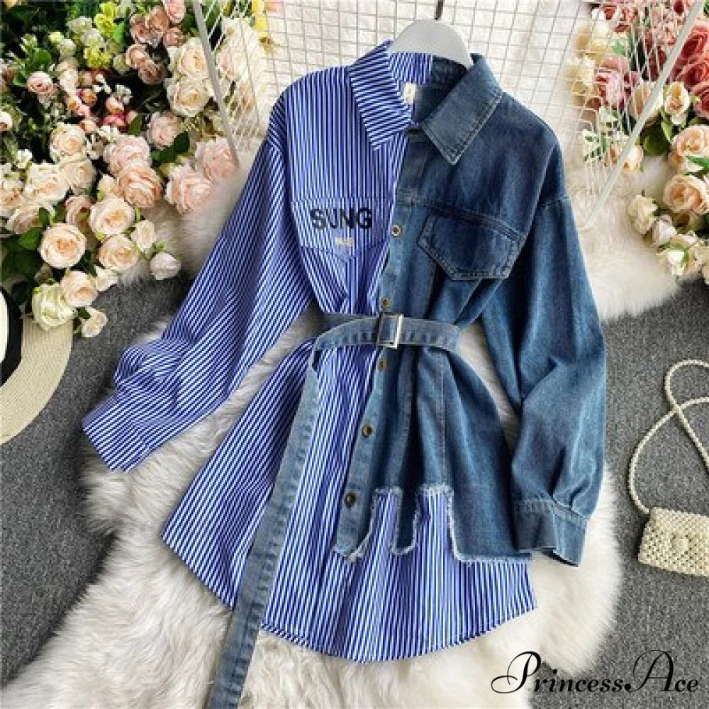 Blouse Patchwork - Plaid Jeans Long Blouse Women’s with Autumn Arm Elegant Design Slim Dress Blue / One Size