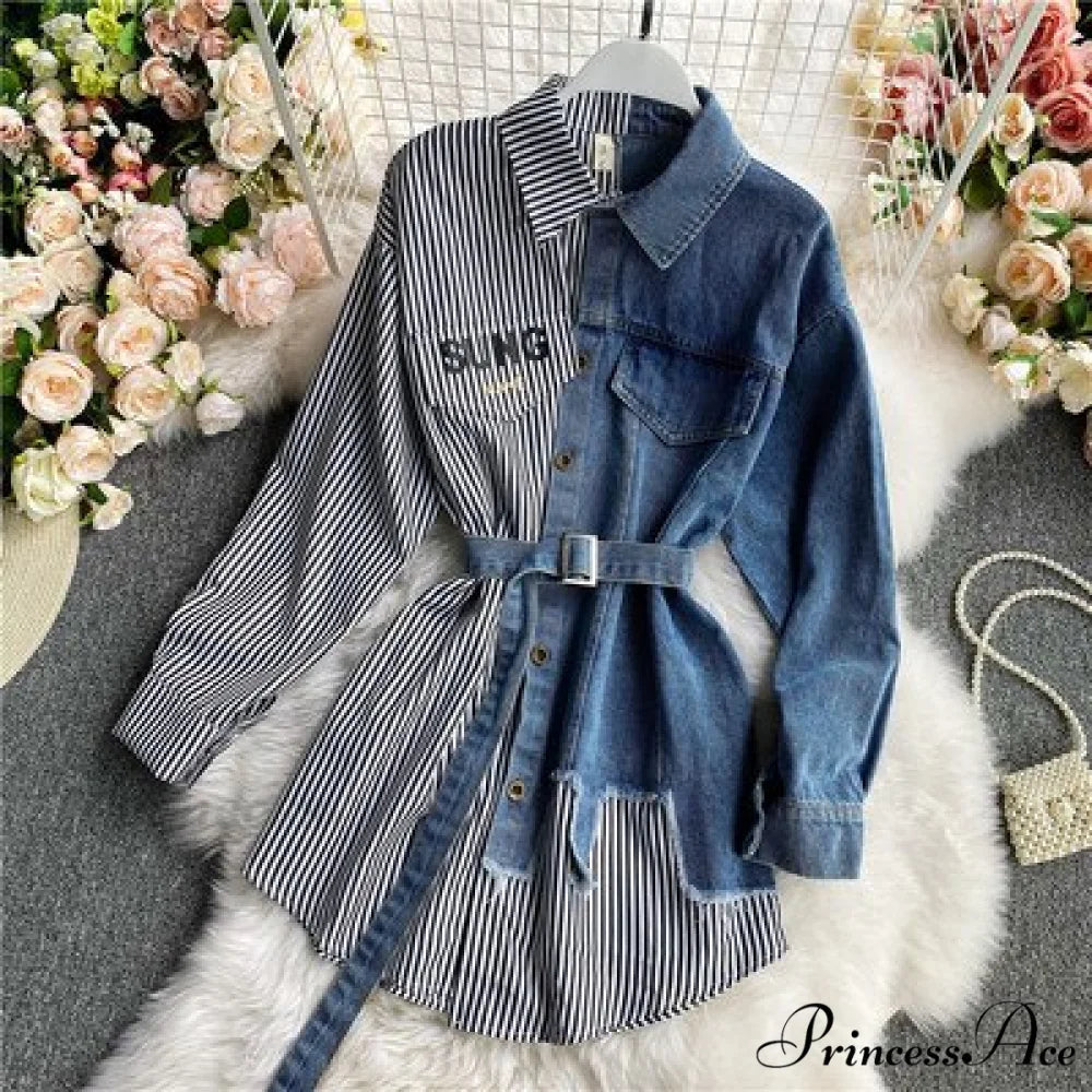 Blouse Patchwork - Plaid Jeans Long Blouse Women’s with Autumn Arm Elegant Design Slim Dress Gray / One Size