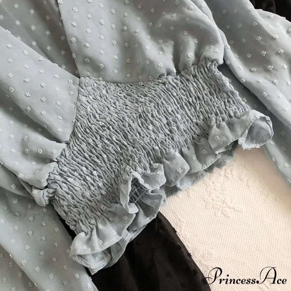 Blouse Spot and with Puff Blouse Pullover - Chiffon V-neck Sweet Spring Sleeves
