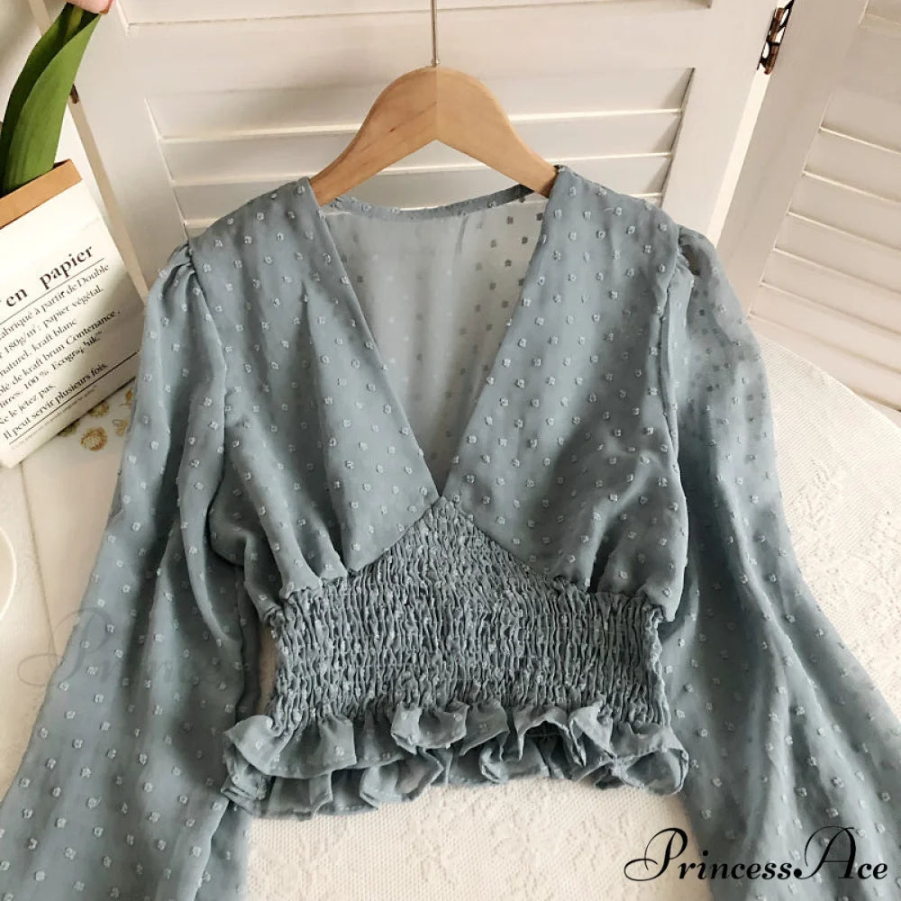 Blouse Spot and with Puff Blouse Pullover - Chiffon V-neck Sweet Spring Sleeves