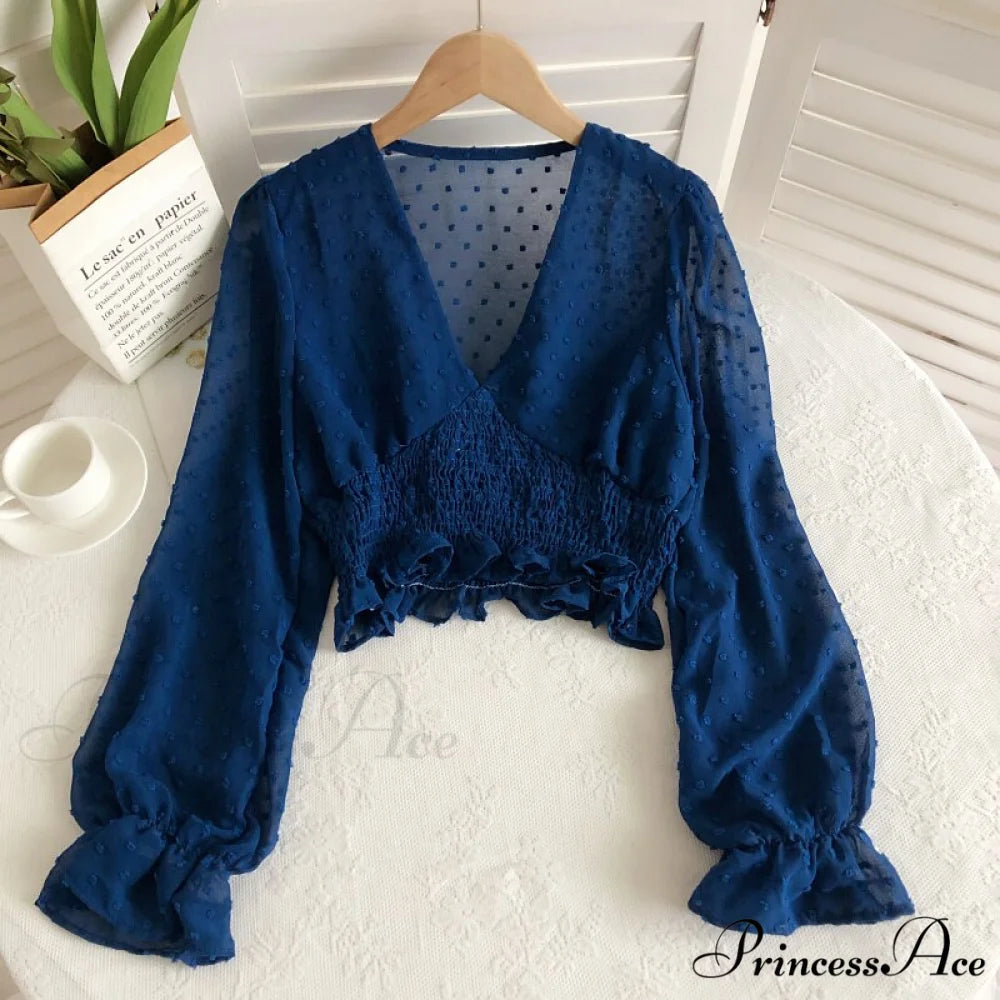 Blouse Spot and with Puff Blouse Pullover - Chiffon V-neck Sweet Spring Sleeves
