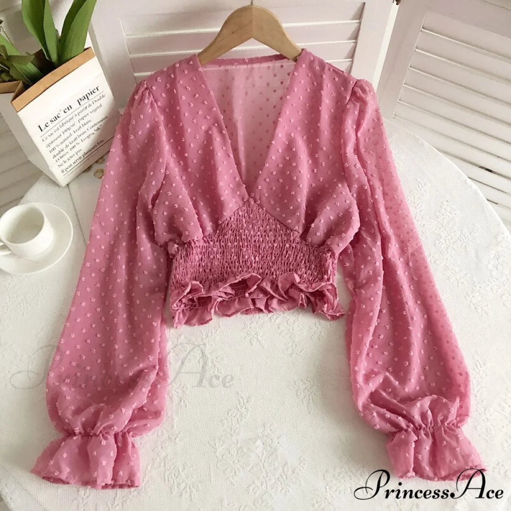 Blouse Spot and with Puff Blouse Pullover - Chiffon V-neck Sweet Spring Sleeves