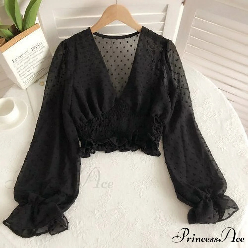 Blouse Spot and with Puff Blouse Pullover - Chiffon V-neck Sweet Spring Sleeves Black / One Size