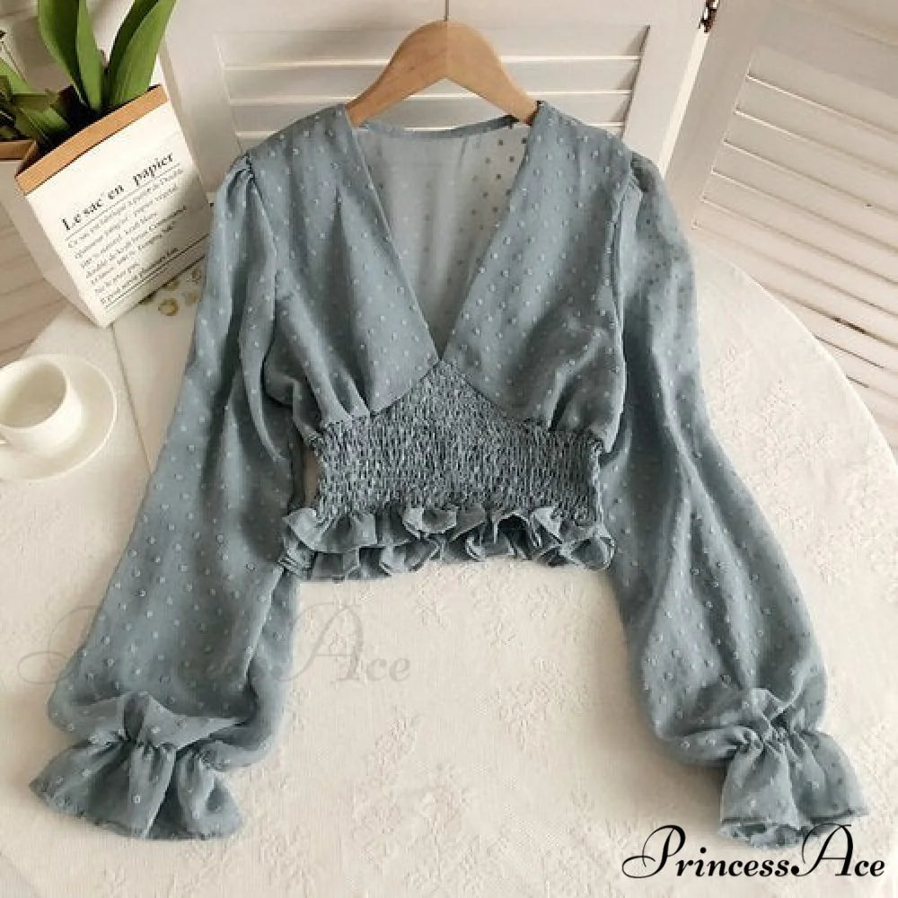 Blouse Spot and with Puff Blouse Pullover - Chiffon V-neck Sweet Spring Sleeves blue gray / One Size