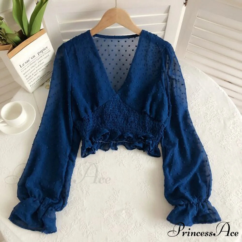 Blouse Spot and with Puff Blouse Pullover - Chiffon V-neck Sweet Spring Sleeves Dark Blue / One Size