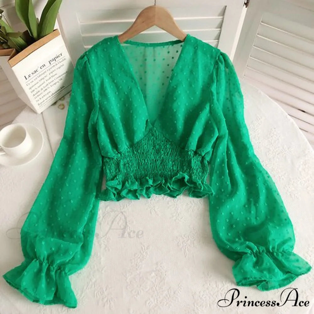 Blouse Spot and with Puff Blouse Pullover - Chiffon V-neck Sweet Spring Sleeves Green / One Size