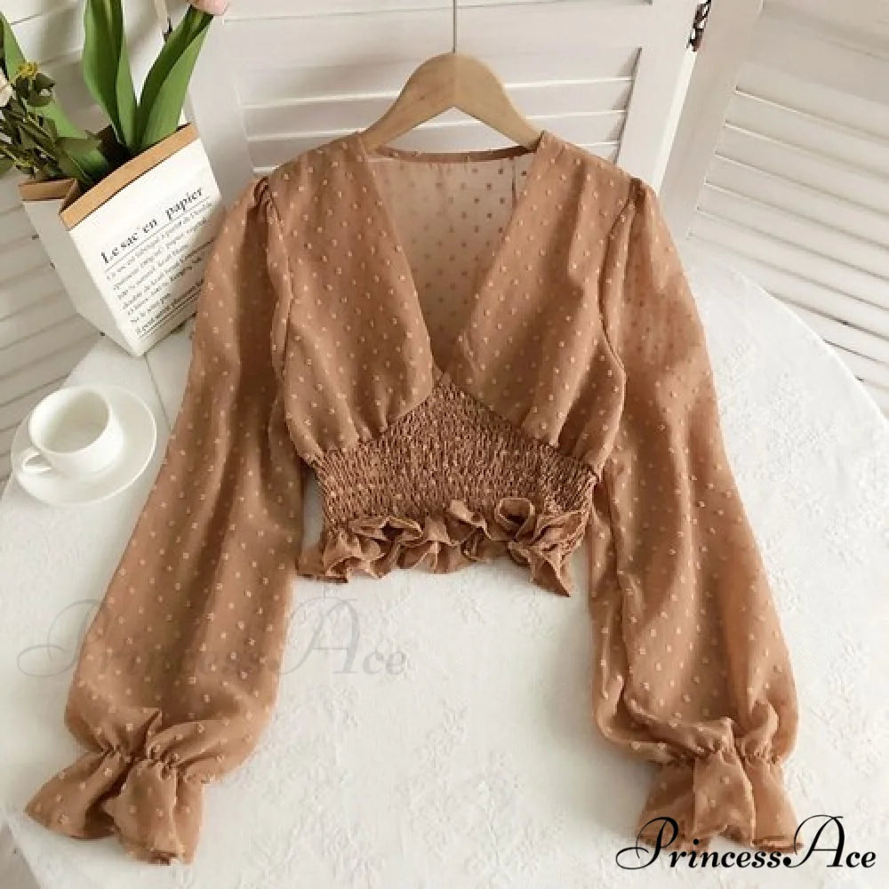 Blouse Spot and with Puff Blouse Pullover - Chiffon V-neck Sweet Spring Sleeves khaki / One Size