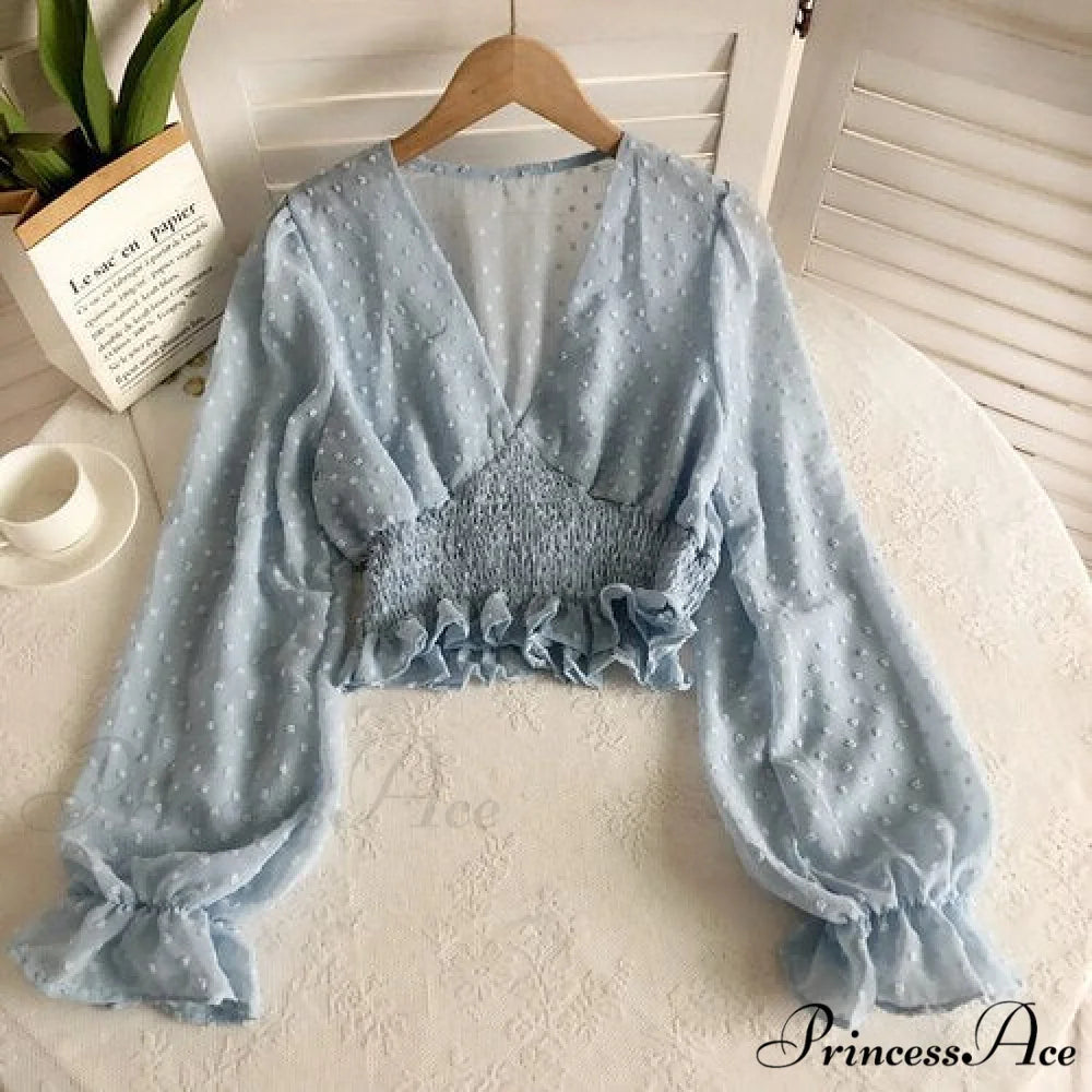 Blouse Spot and with Puff Blouse Pullover - Chiffon V-neck Sweet Spring Sleeves light blue / One Size