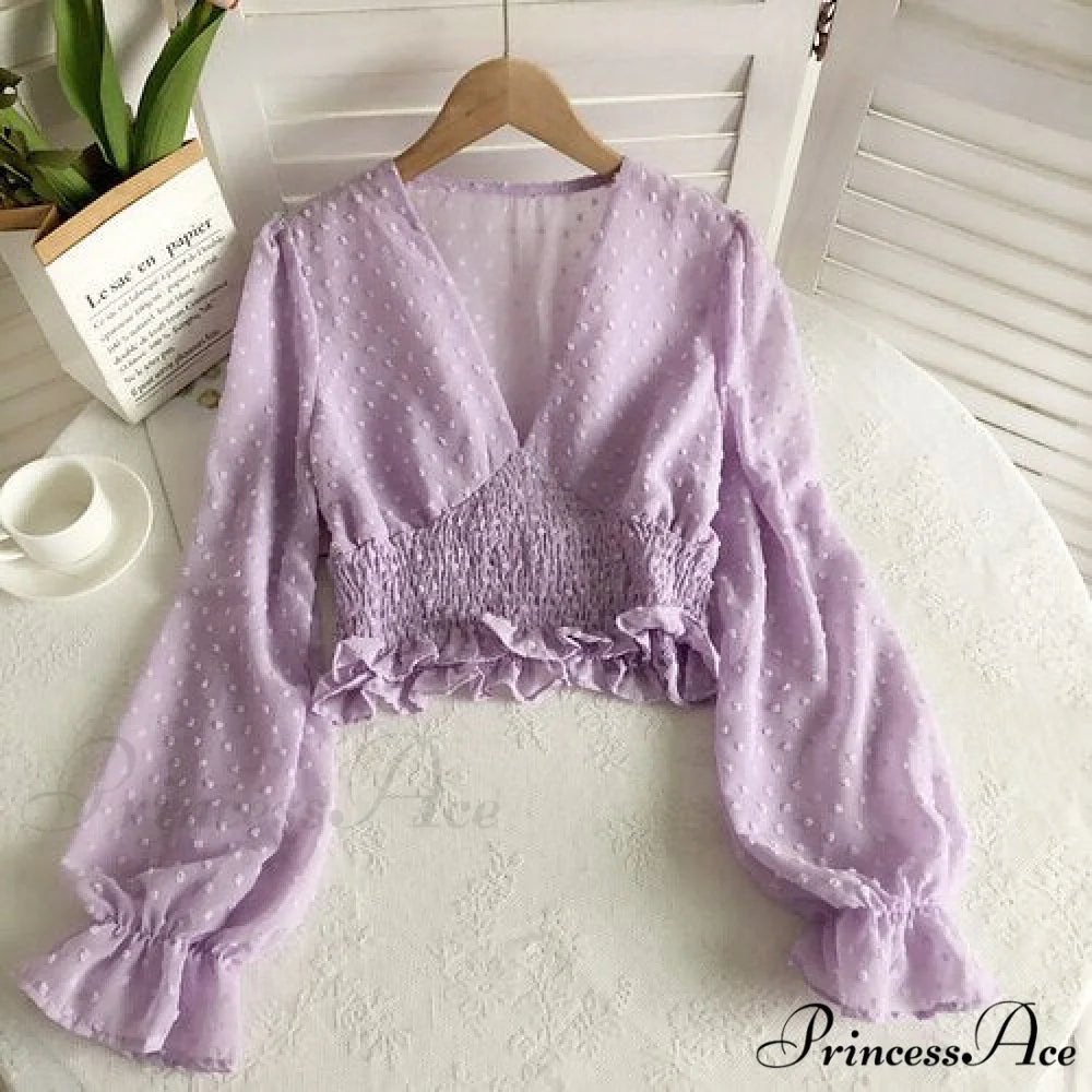 Blouse Spot and with Puff Blouse Pullover - Chiffon V-neck Sweet Spring Sleeves light purple / One Size